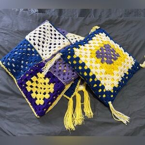 Vintage Hand Crochet Afghan & Match Pillow, Purple/white/yellow/blue w/tassels